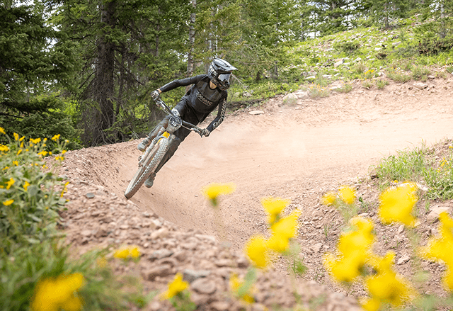 Downhill biker kicks up red dirt as he turns around a bank. Yellow Flowers in foreground at Aspen Snowmass.