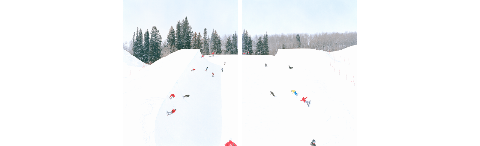 a collage of people skiing down a slope