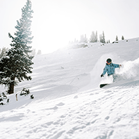 Snowboarder shreds through the powder on a sparkly snowy morning 