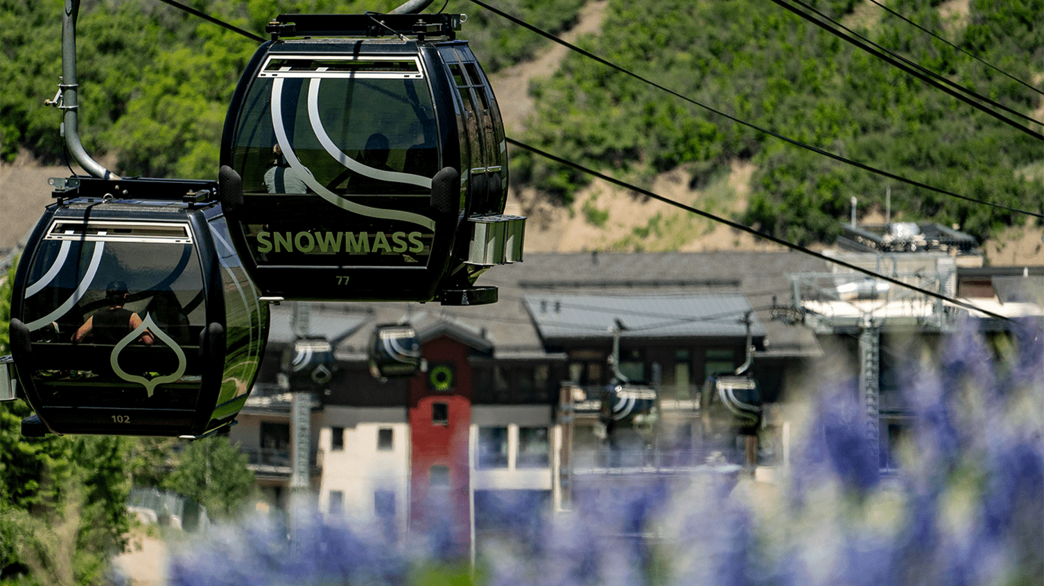 Gondola on Snowmass in front of the Limelight Snowmass Hotel, in the summer, with purple flowers
