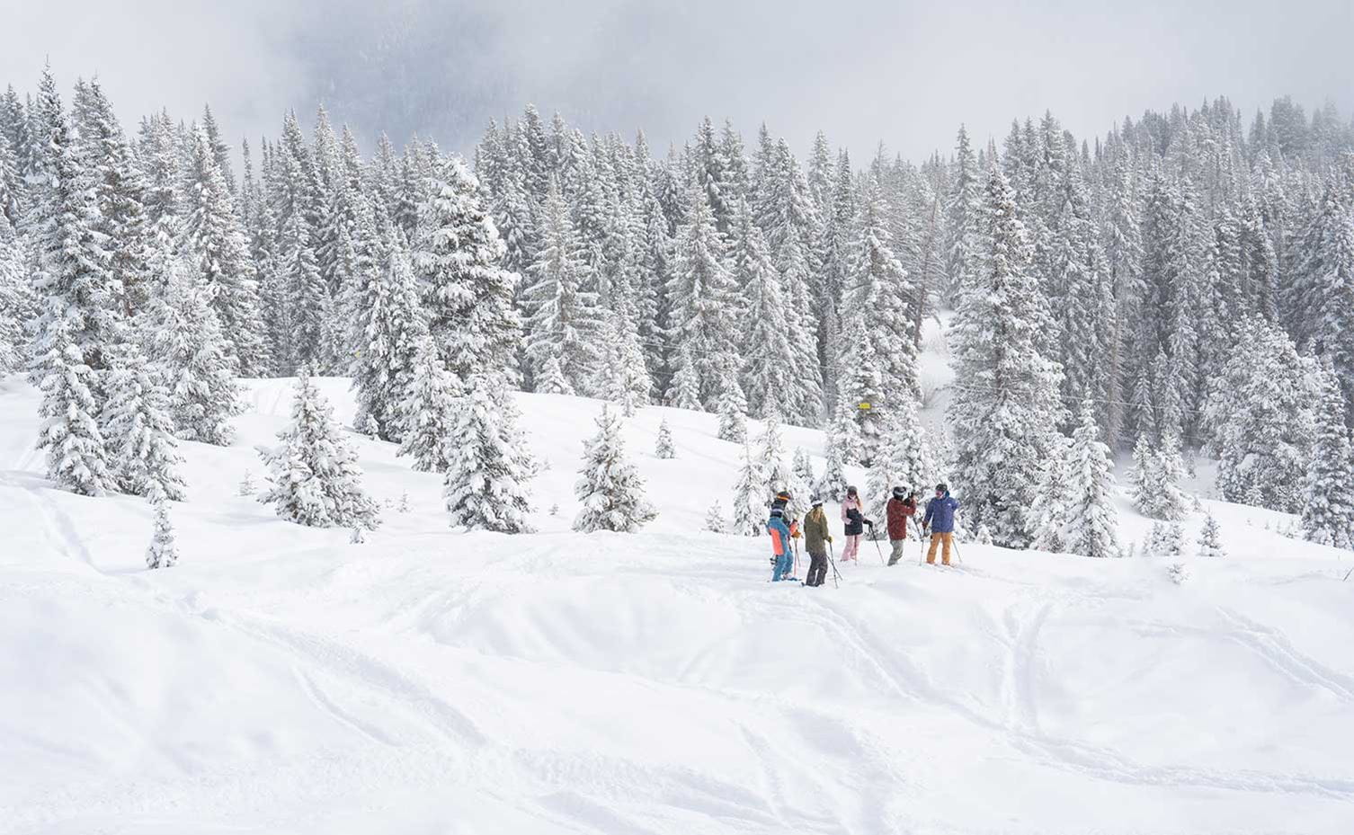 Group of skiers in deep powder at Aspen Snowmass